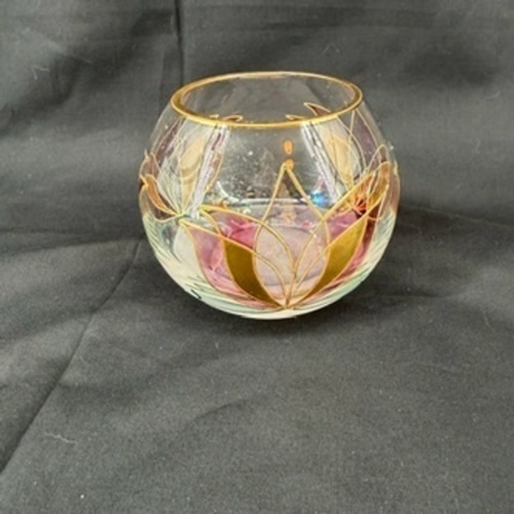Hand Painted Lotus Flower Glass Votive Candle Holder Gold Purple Art Deco